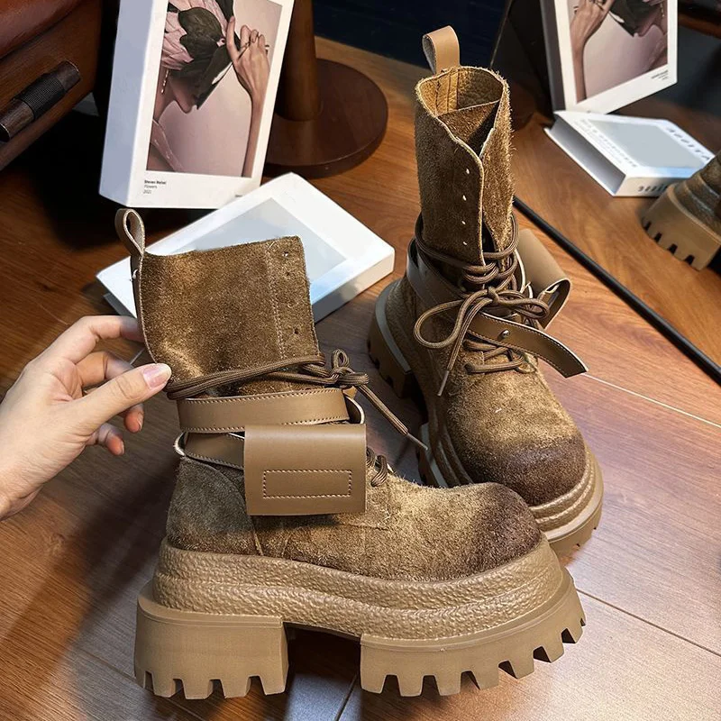 

Retro Fashion Distressed Big Head Cowboy Boots High-end Motorcycle Style High-top Knight Boots Thick-soled Hot Girl Women Boots