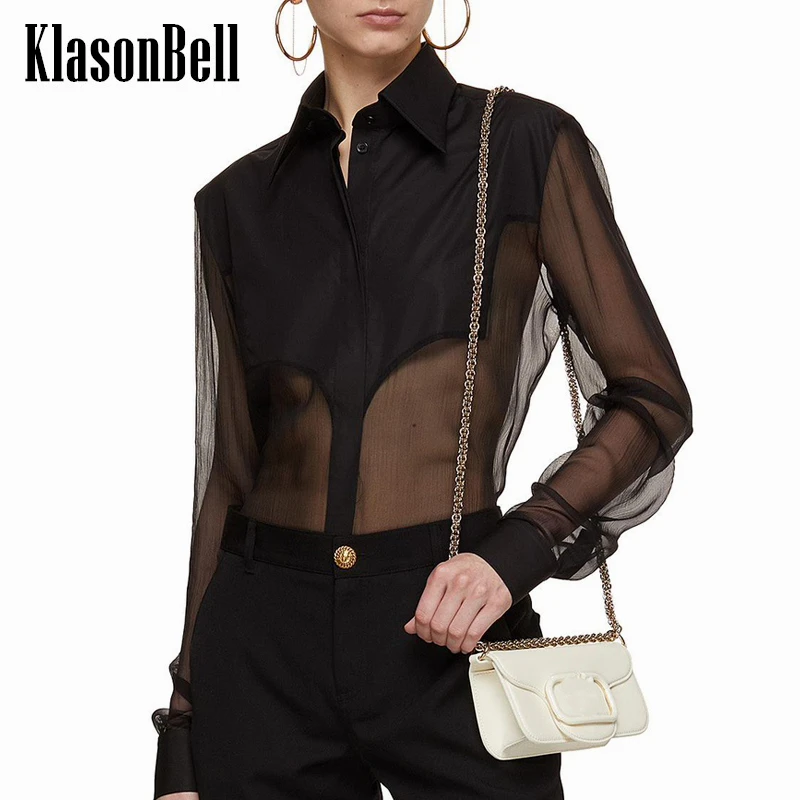 3.25 KlasonBell 2024 New Luxury Elegant Turn-down Collar Hidden Breasted Blouse Fit Women's Sheer Spliced Long Sleeve Shirt