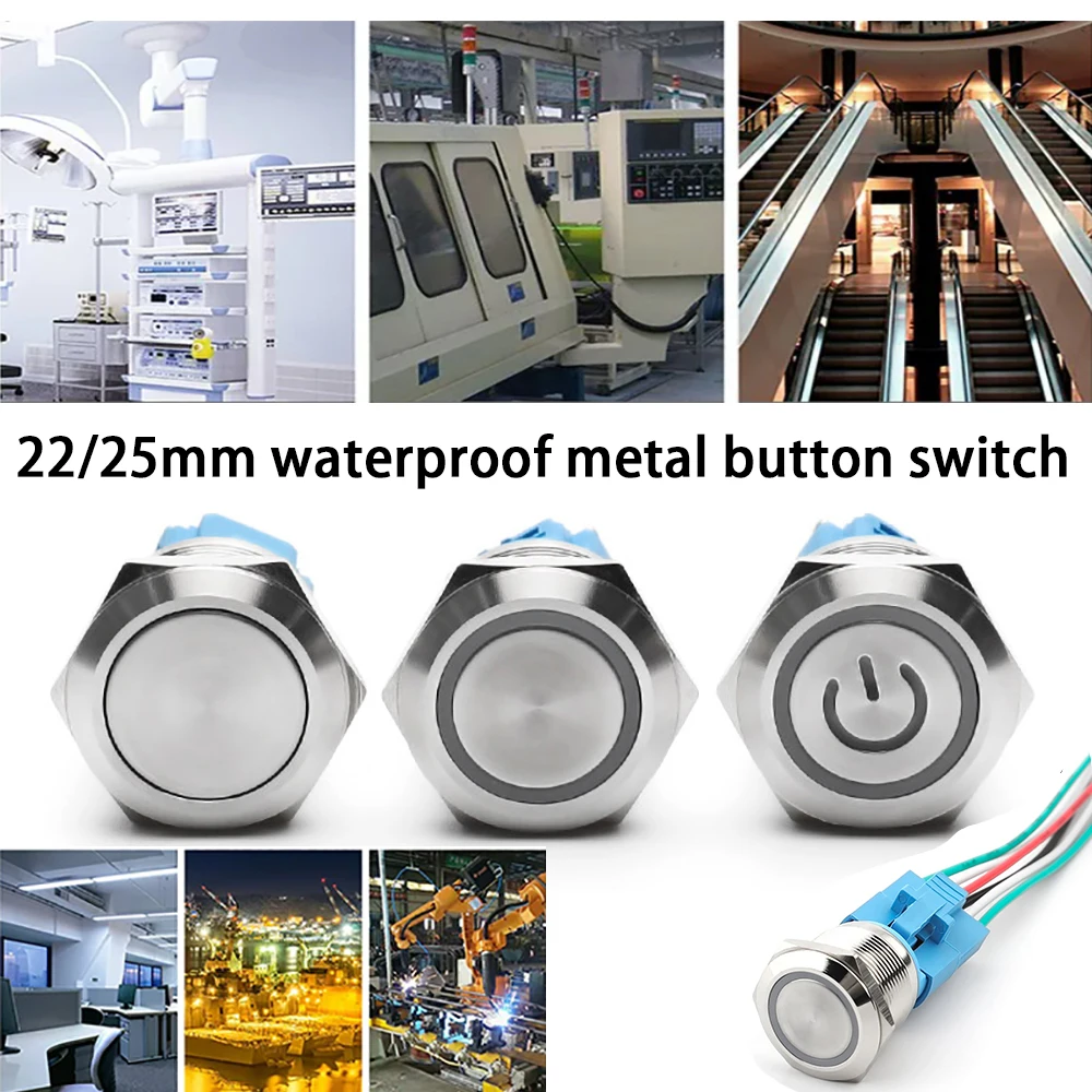 22/25mm waterproof metal button switch LED self-locking reset automotive engine power metal button switch 12V-220V GQ22B1