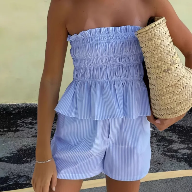 Traje Casual a Rayas de Verano para Mujer, orts Arrugados, Conjunto Moderno, orme para Estudiantes, Ropa de Trabajo
