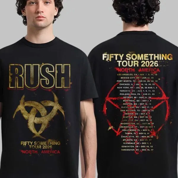 Camiseta de Concierto de la Gira FIFTY SOMETHING de la Banda RUSH 2026 en América del Norte, Camiseta Vintage de Manga Corta con Lista de Ciudades de la Gira para Hombre