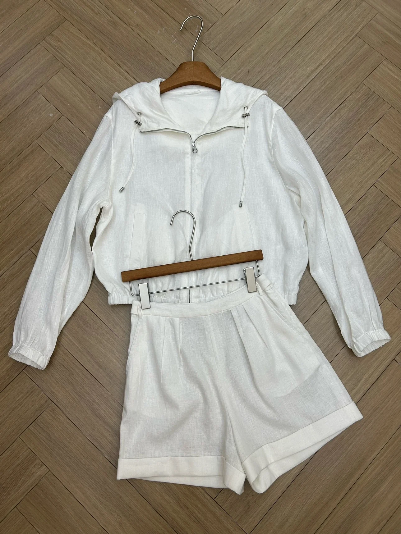 L * p pantaloncini di lino da donna completo di giacca corta allentata con cappuccio + pantaloncini a vita alta Set da 2 pezzi