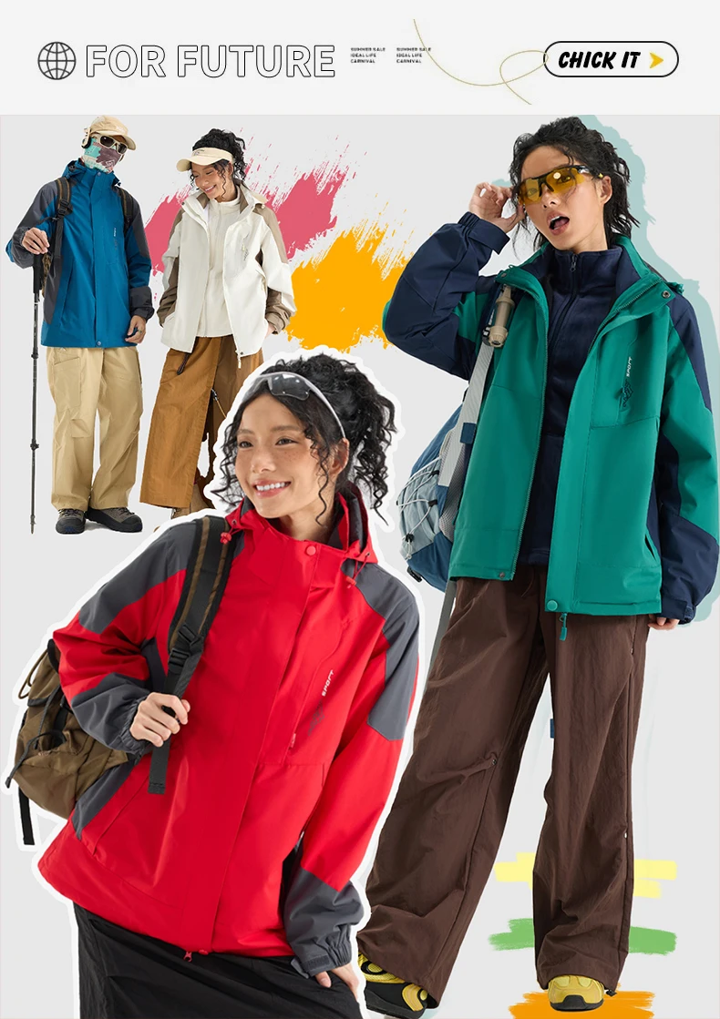 

Men Outdoor Casual Sport Jackets Couple Detachable Cap Waterproof Windproof Jackets Breathable Mountaineering 2PC New Jackets