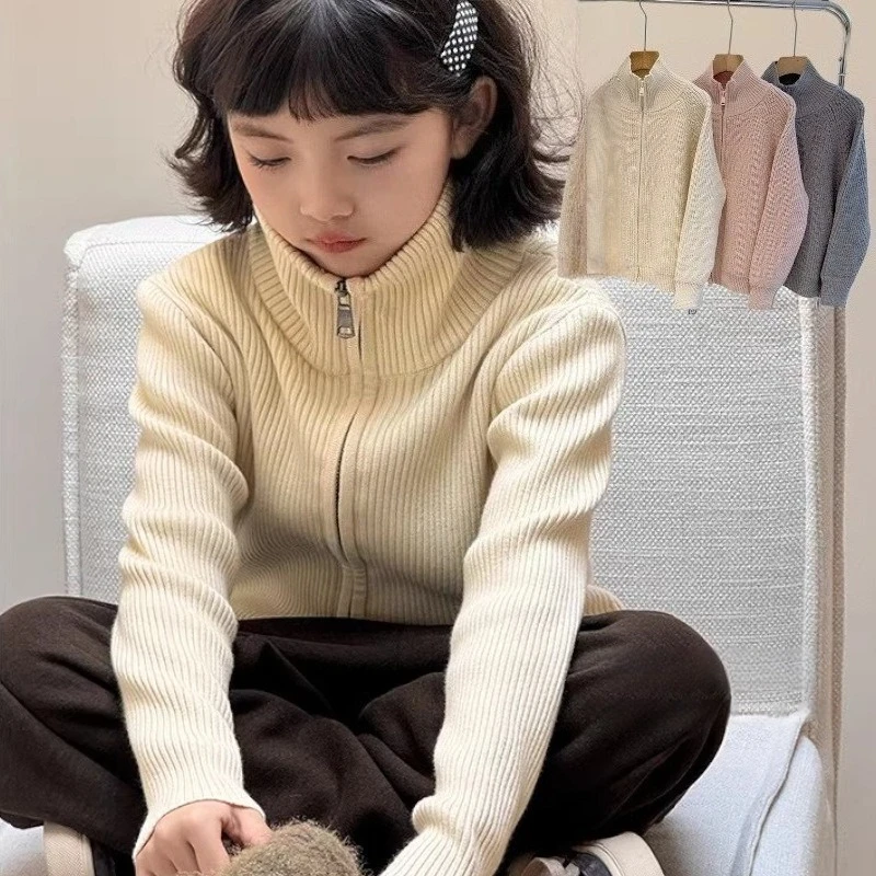

Kids Cardigan Winter Autumn Double Zipper High-Neck Knitwear Stylish Boys Girls Outerwear Casual Versatile Children's Sweater