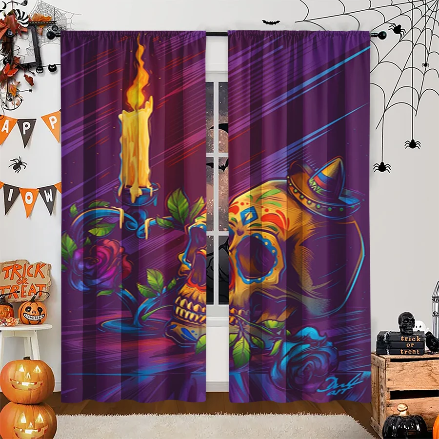 2PCS Digital Print Curtain, Day of the Dead Skull Candle Roses, Purple Mexican Holiday Style for Living Room Bedroom Decor