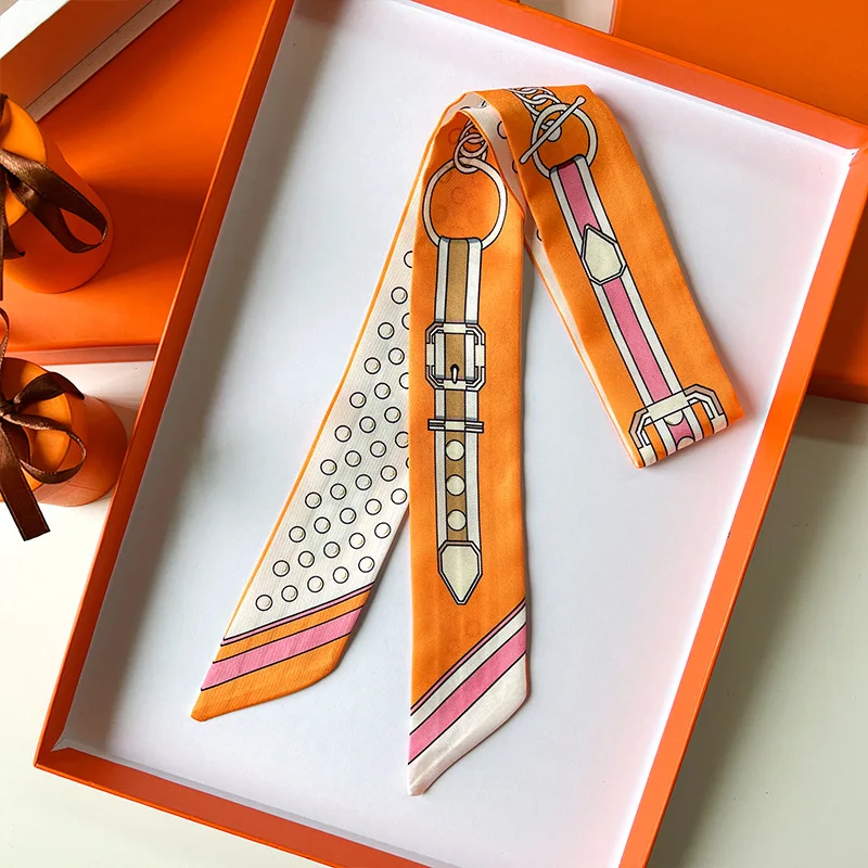 Bufanda de mujer, bufanda de seda delgada, diadema, cinturón, pañuelo con estampado de cadena, bolso con asa pequeña, cinta, pañuelo para la cabeza, bufandas y envolturas