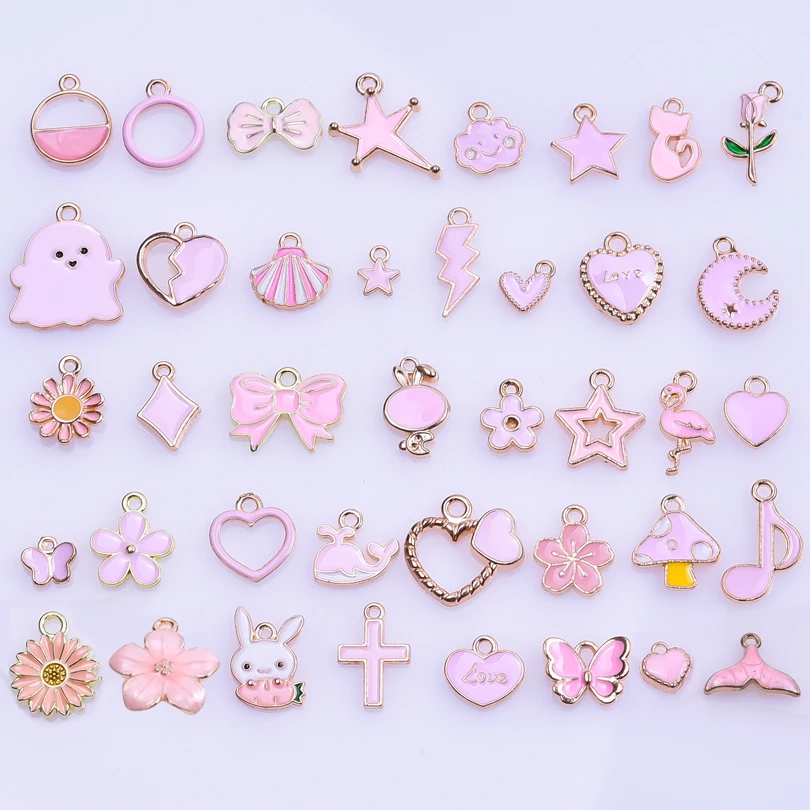 

40pcs/Lot Cute Pink Enamel Charm Daisy Rose Flower Accessories Heart Animal Pendant Charms For Jewelry Making Supplies Bulk Item