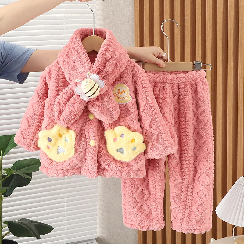 Kinder-Flanell-Pyjama-Set für Jungen und Mädchen, Herbst-Winter-Cartoon, verdickt, bequem, Baumwolle, Pyjama-Set, Baby, warme Heimkleidung