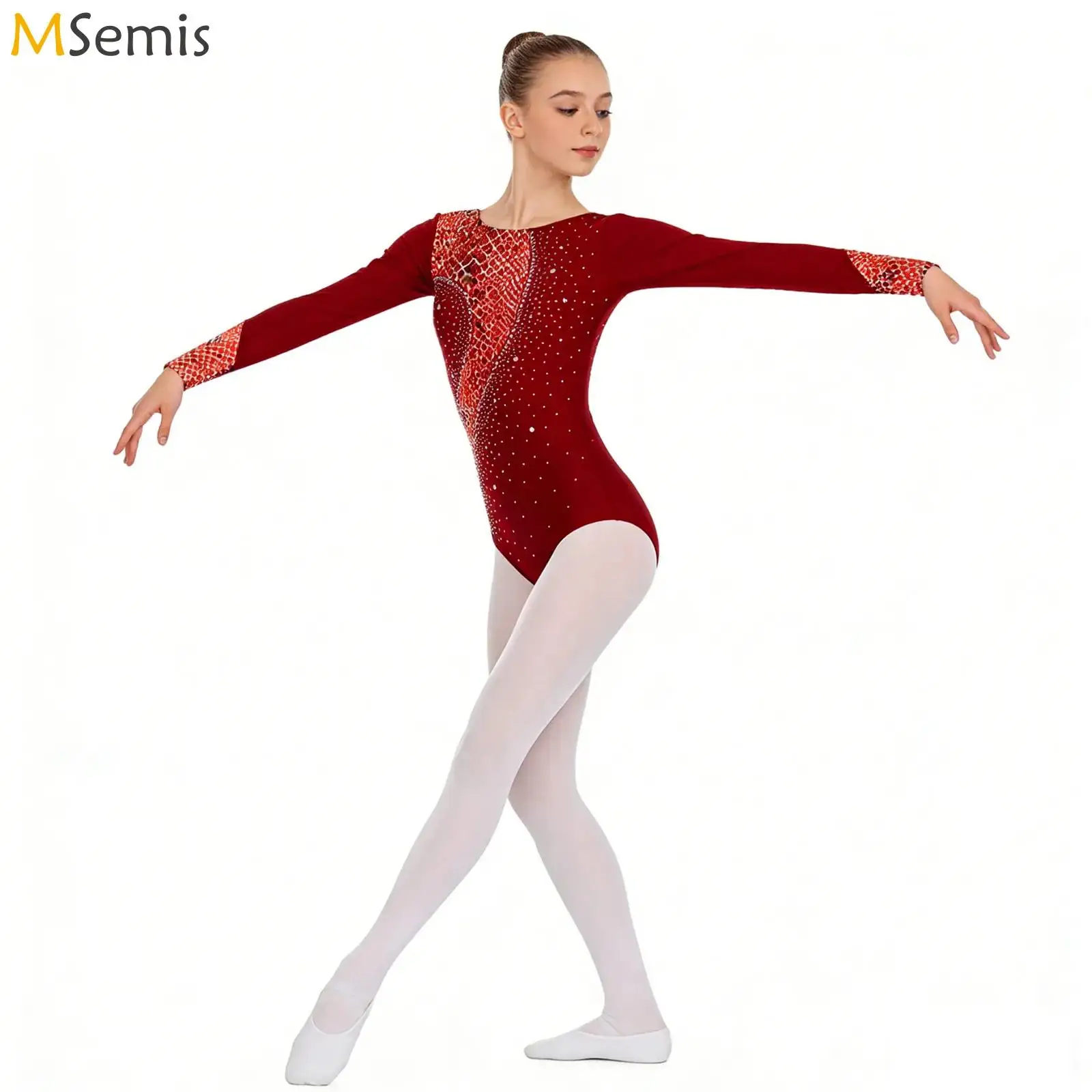 

Womens Rhinestone Gymnastics Ballet Leotard Long Sleeve Performance Costume Print Spliced Long Sleeve Leotard Jumpsuit Dancewear