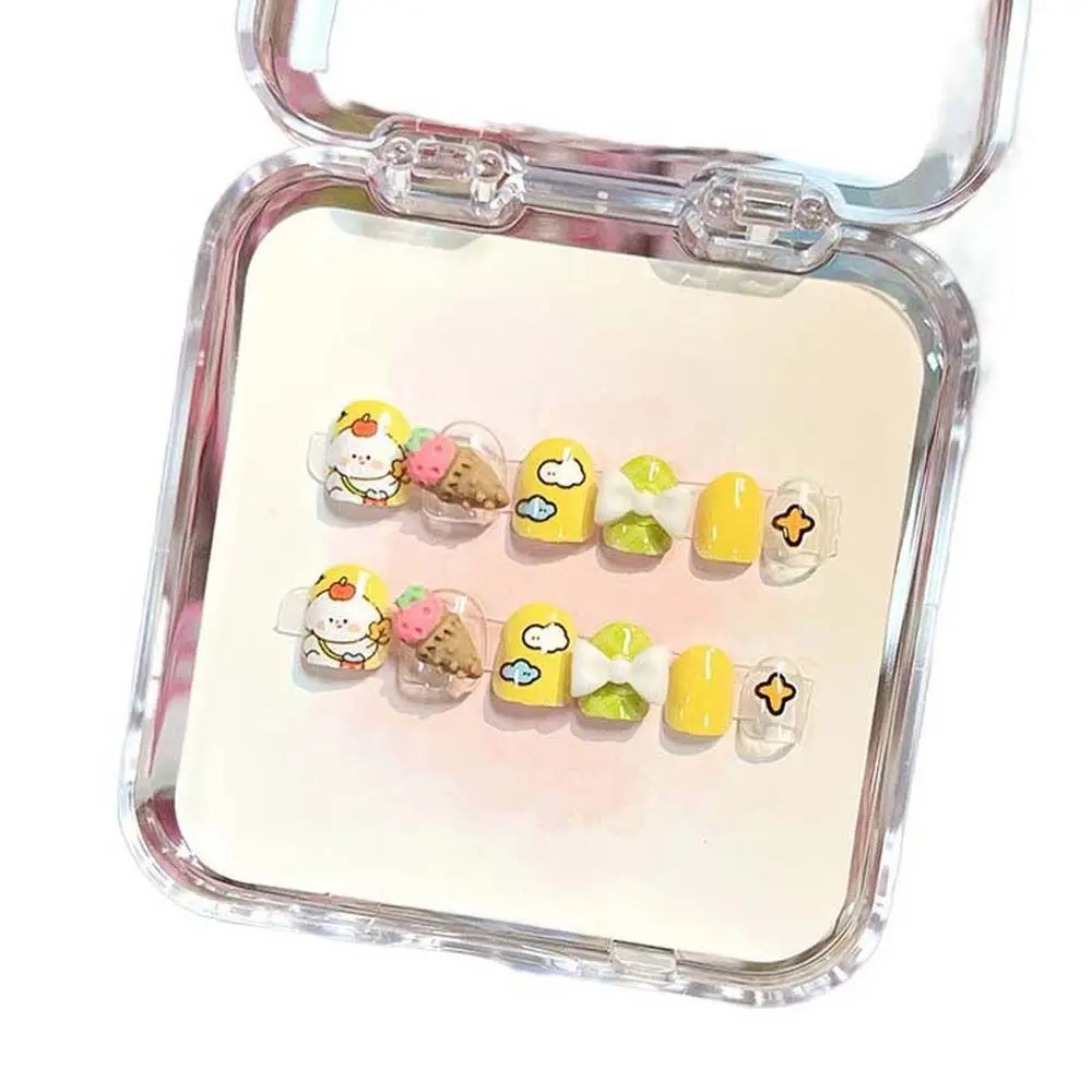 

12Pcs/set Flowers Children False Nails Bowknot Love Heart Cartoon Fake Nails Short Square Shaped Nail Supplies