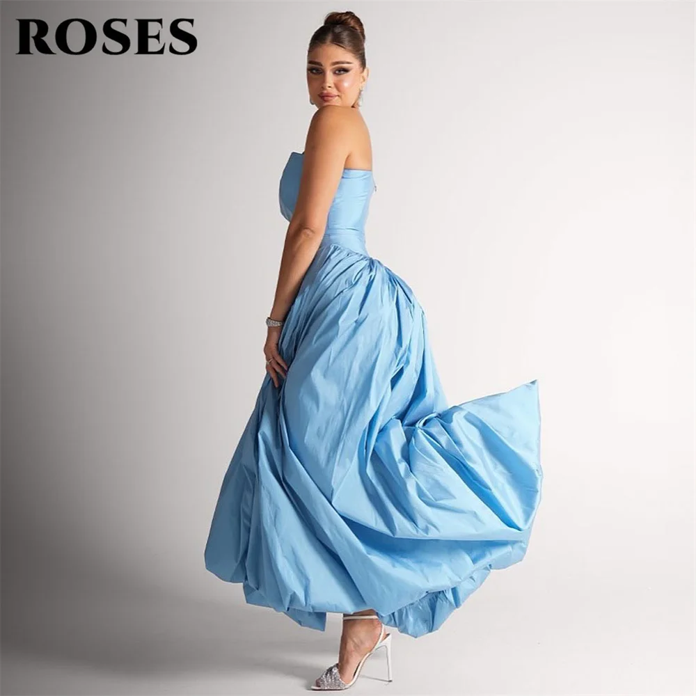 ROSES Sky Blue Playful Party Dresses Ruffled Evening Dress Trailing فساتين السهرة Strapless Gala Dresses Customized