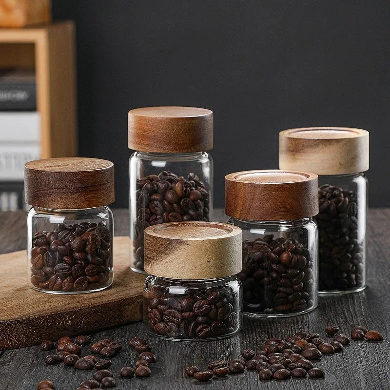 Wooden Lid Clear Glass Sealing Jar Sealed Coffee Bean Storage Jar Kitchen Storage Bottle Sealed Food Container Tea Coffee Bean