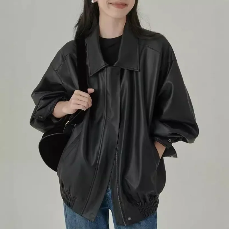 2024 nieuwe herfst koele zwarte oversized leren jas dames drop schouder lange mouw rits hoge kwaliteit Amerikaanse retro kleding