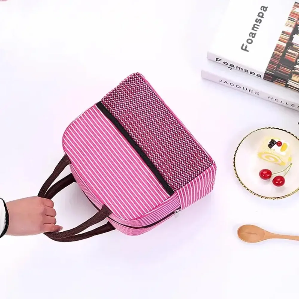 Multifunctional Aluminum Film Lining Striped Thermal Lunch Bag Zippered Large Capacity Handbag Insulated Tote Bag Worker