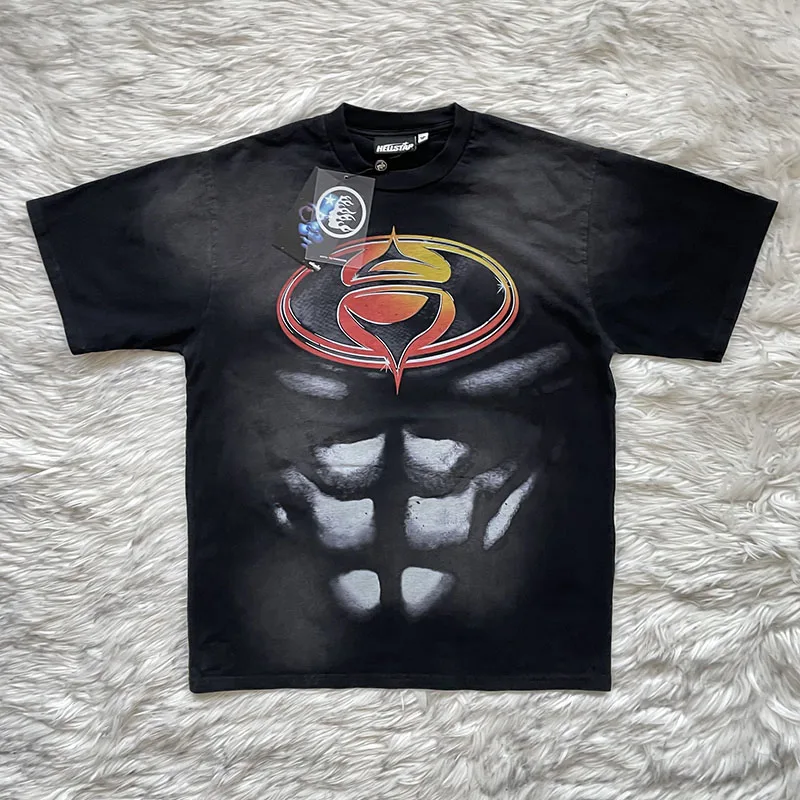Hellstar Studios Superhero Short Sleeve T-Shirt Pure Cotton Washed round Neck Youthful Trend Standard Fit Men's T-Shirt