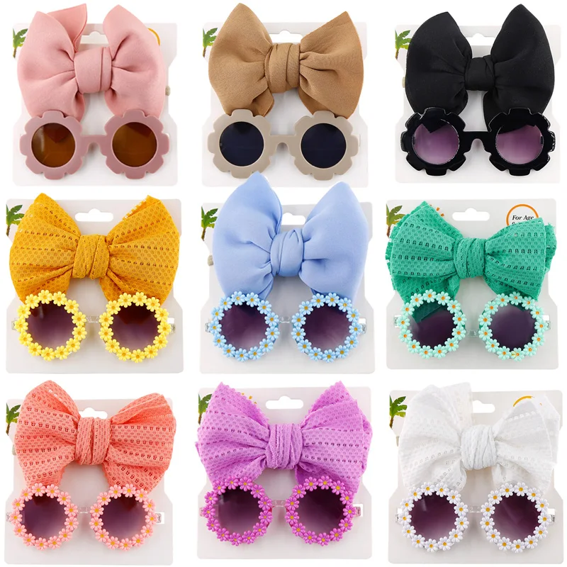 Sun Flower Sunglasses Bow Hairband Set Cute Baby Girls Hair Accessories Newborn Head Bands Summer Beach Photography Props 2Pcs