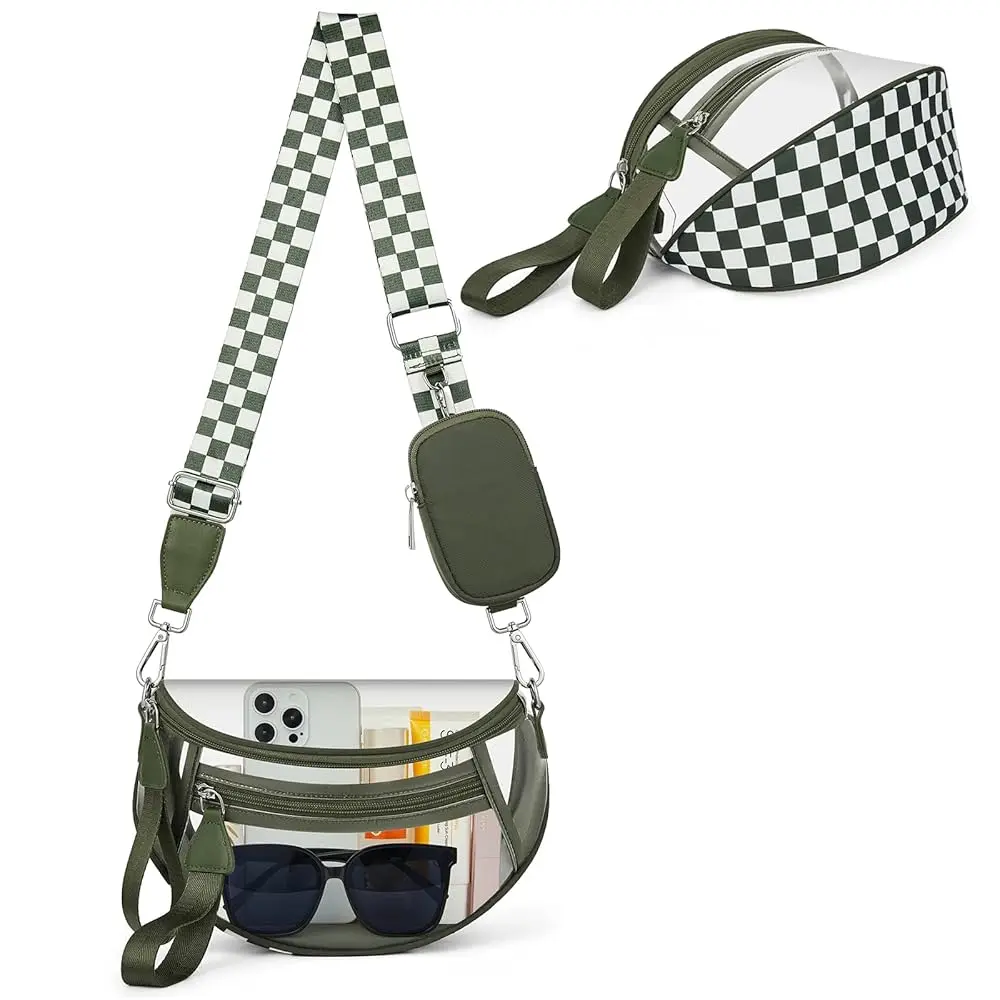 

Clear Checkered Crossbody Bags for Stadium Events, Clear Purse Bum Bag for Women Concert Sport with RFID Coin Purse