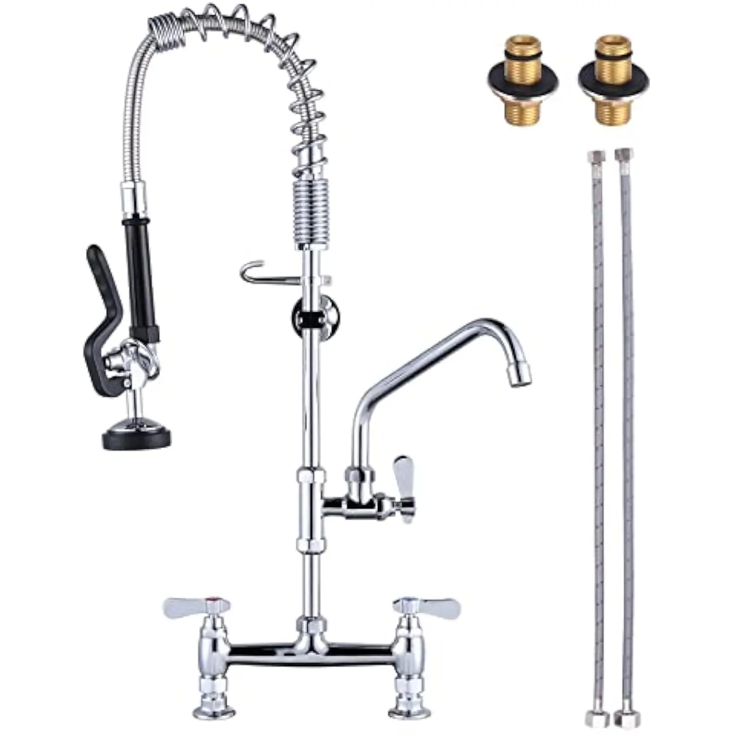 

Commercial Kitchen Faucet Deck Mount with Pre-Rinse Sprayer 26 Height Kitchen Sink Faucet 8 Inch Center with 10 Add-On Swing Sp