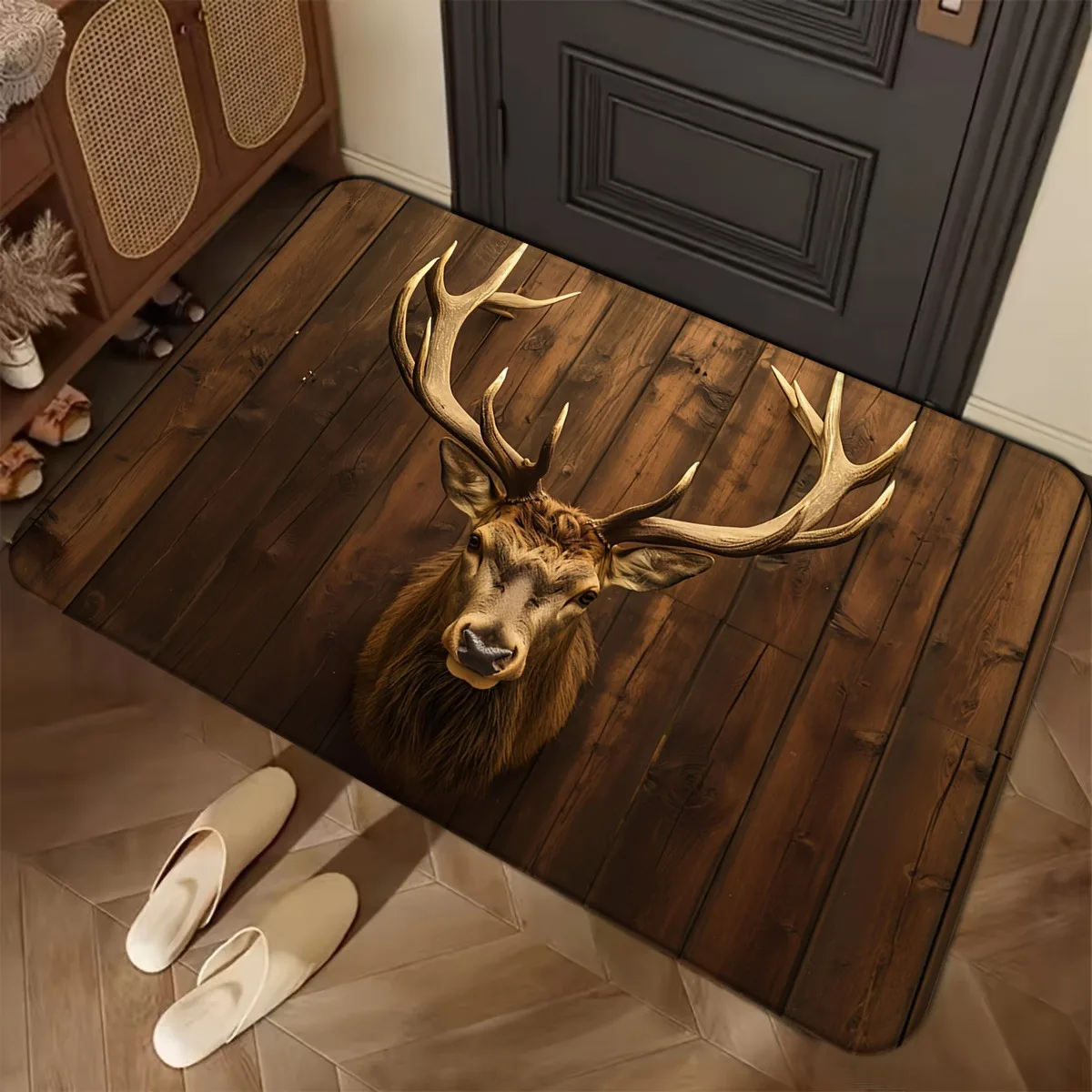 Wood Deer Print Doormat Non-Slip Rugs for Living Room Bedroom Kitchen Laundry Mat Machine Washable Home Decor Carpet