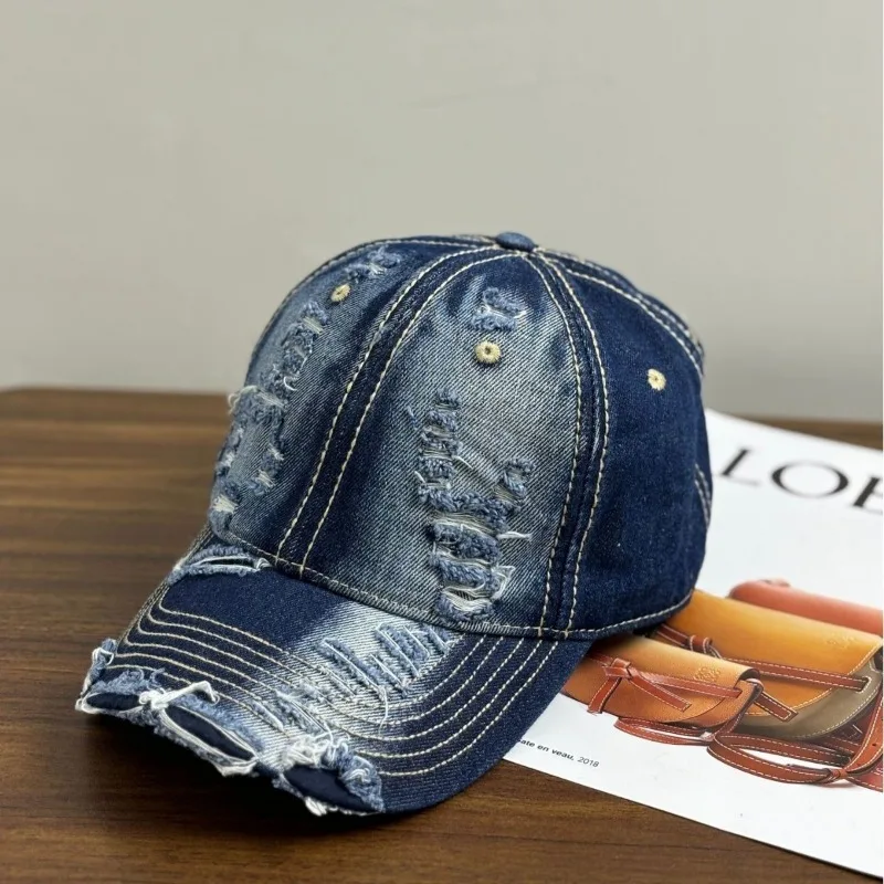 2024 New Personalized Washed Denim Ripped Baseball Hat Outdoor Men's Leisure Adjustable Sunshade Sports Cap Gorras Hombre