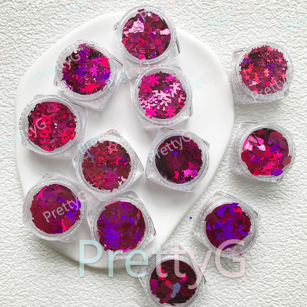 PrettyG 1 Juego de caja de 12 colores, purpurina holográfica rosa melocotón, forma de lentejuelas rojas, purpurina para uñas para decoración artística de uñas DIY de resina