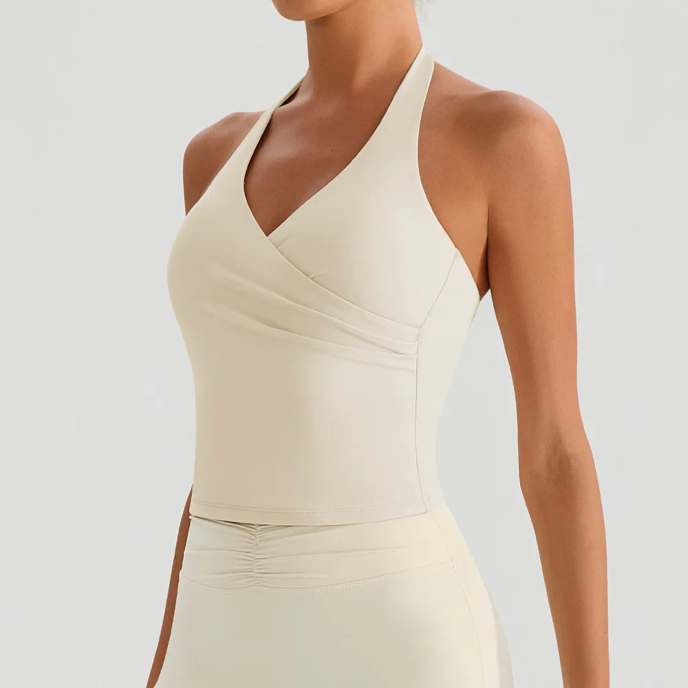 Vネックホルターネックスポーツヨガベストヌード感バックレスクロスチェストヨガトップ速乾スリムワークアウトフィットネスランニングヨガブラ