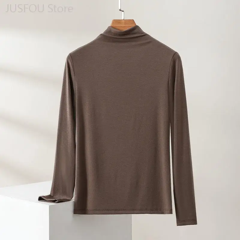 Women High Neck Modal Long Sleeve T Shirt Autumn Winter Solid Color Slim Fit Basic Bottoming Top Daily Inner Wear Casual Tee
