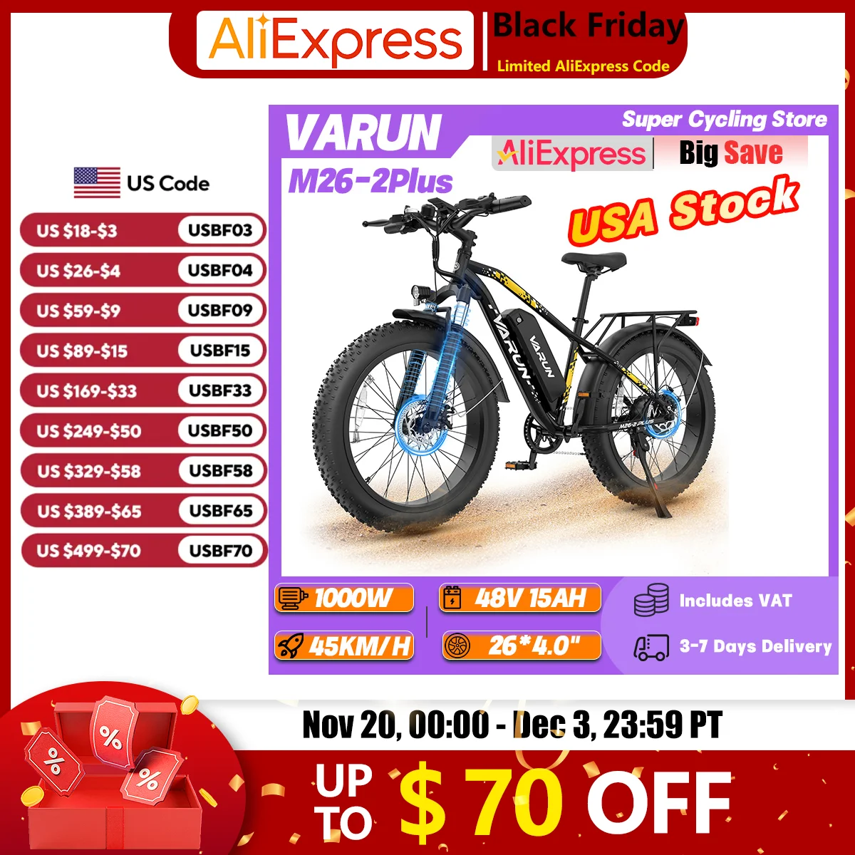 

VARUN M26-2Plus Adult Mountain Ebike 1000W 48V 15 Ah Urban Commuting Electric Bike 26*4.0" Fat Tire Off-Road Electric Bicycle