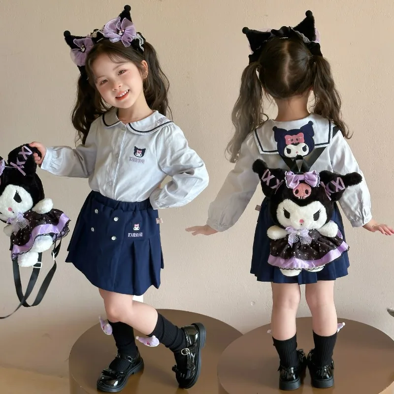 

Girly Heart Kawaii Sanrio Anime Kuromi Long Sleeve Shirt Dress Set 2025 Cute Cartoon Children Two-piece Set Clothes Gifts