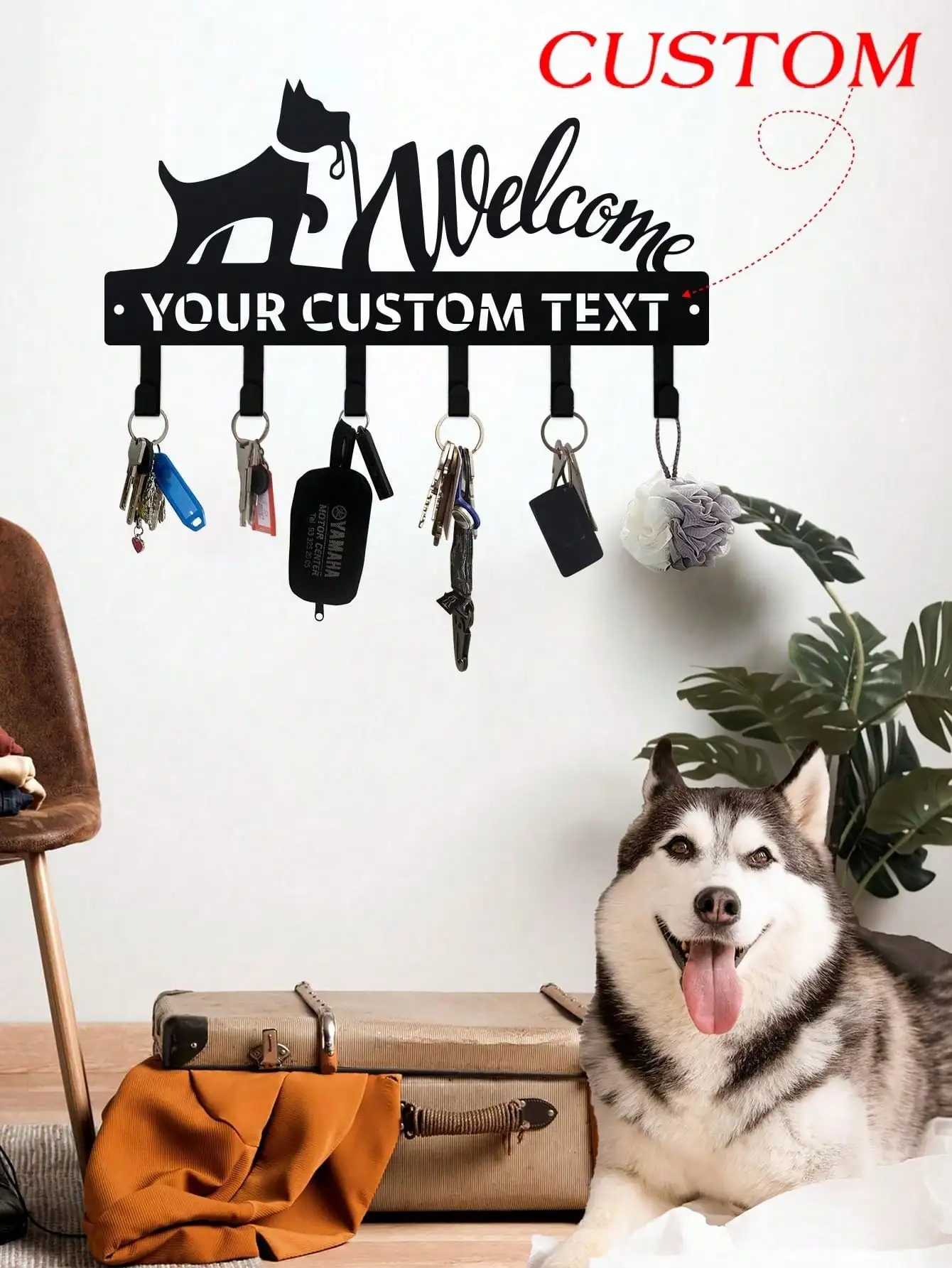 

Personalized Dog Leash Holder Wall Mount, Custom Name Key Rack, Metal Entryway Organizer, No-Drill Hooks for Dog Lovers Gift