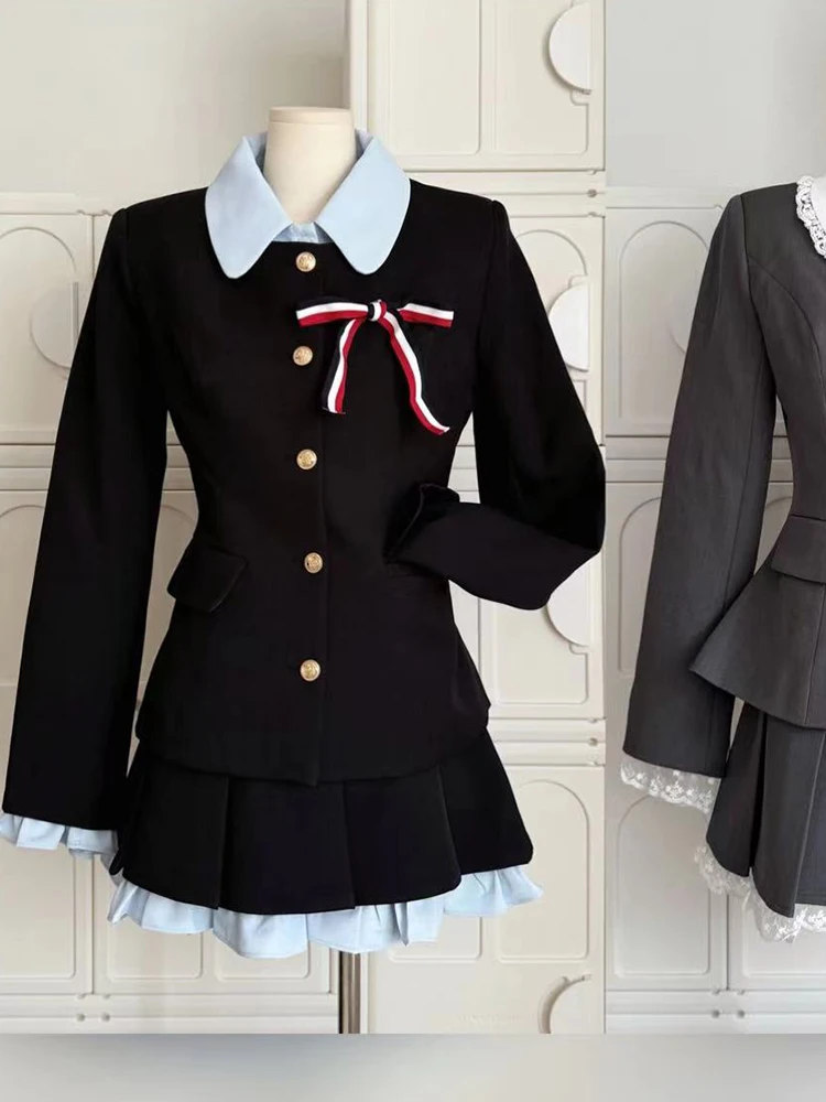 Fall Winter Women Korean Preppy Shoujo College Style Kpop 2000s Outfits 2 Piece Set Long Sleeve Jacket + Mini Pleated Skirts New