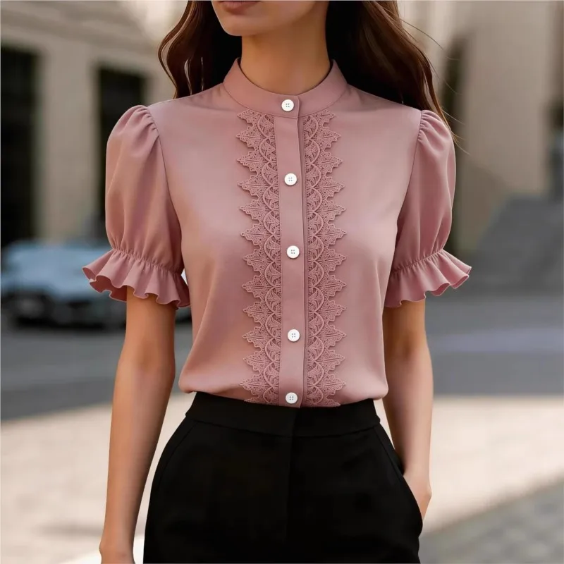 

Elegant Women's Solid color Shirt 2026 Summer New Fashion Stand-up Collar Lace Patchwork Bubble Sleeves Short-sleeved Blouse