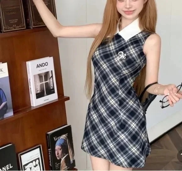 High street contraste vestidos vintage xadrez mini vestido feminino cinto polo colarinho sem mangas uma linha vestidos
