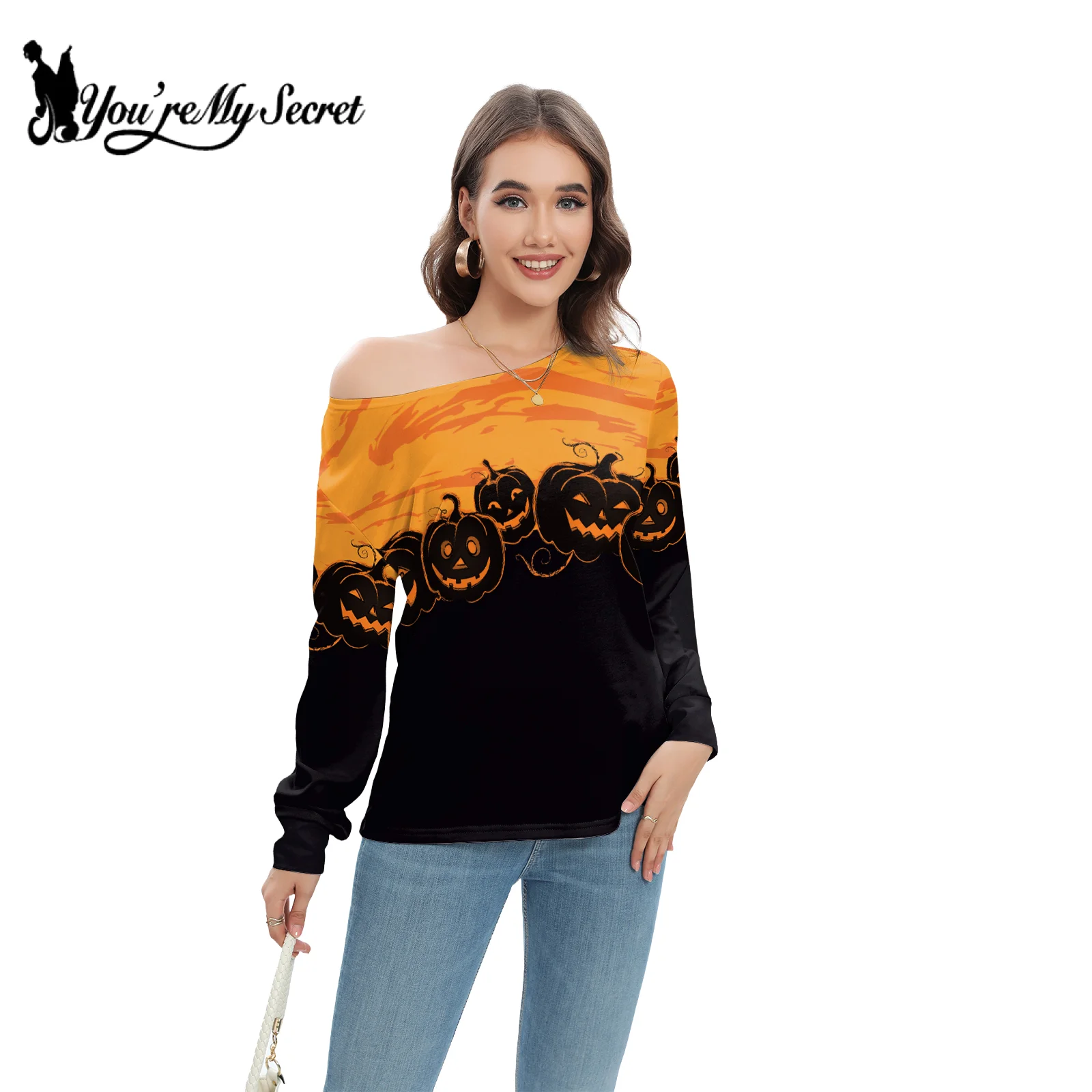 [You\'re My Secret] Halloween Party Women Slant Shoulder Long-sleeved Skeleton Printing Round Neck Pullover Sweatshirt Streetwear