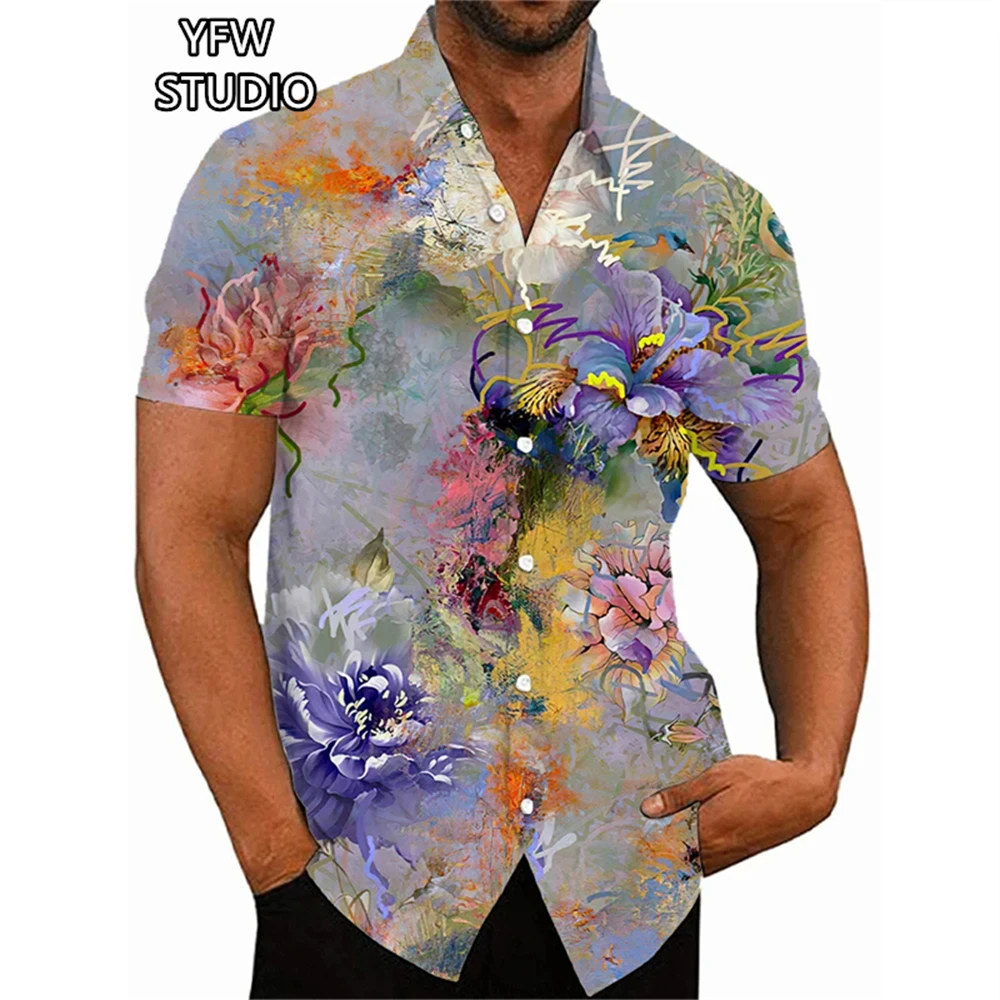 ชายเสื้อดอกไม้รูปแบบเสื้อฮาวายแฟชั่น 3D พิมพ์ Harajuku แขนสั้นปุ่มชายหาดขนาดใหญ่เสื้อบุรุษเสื้อผ้า