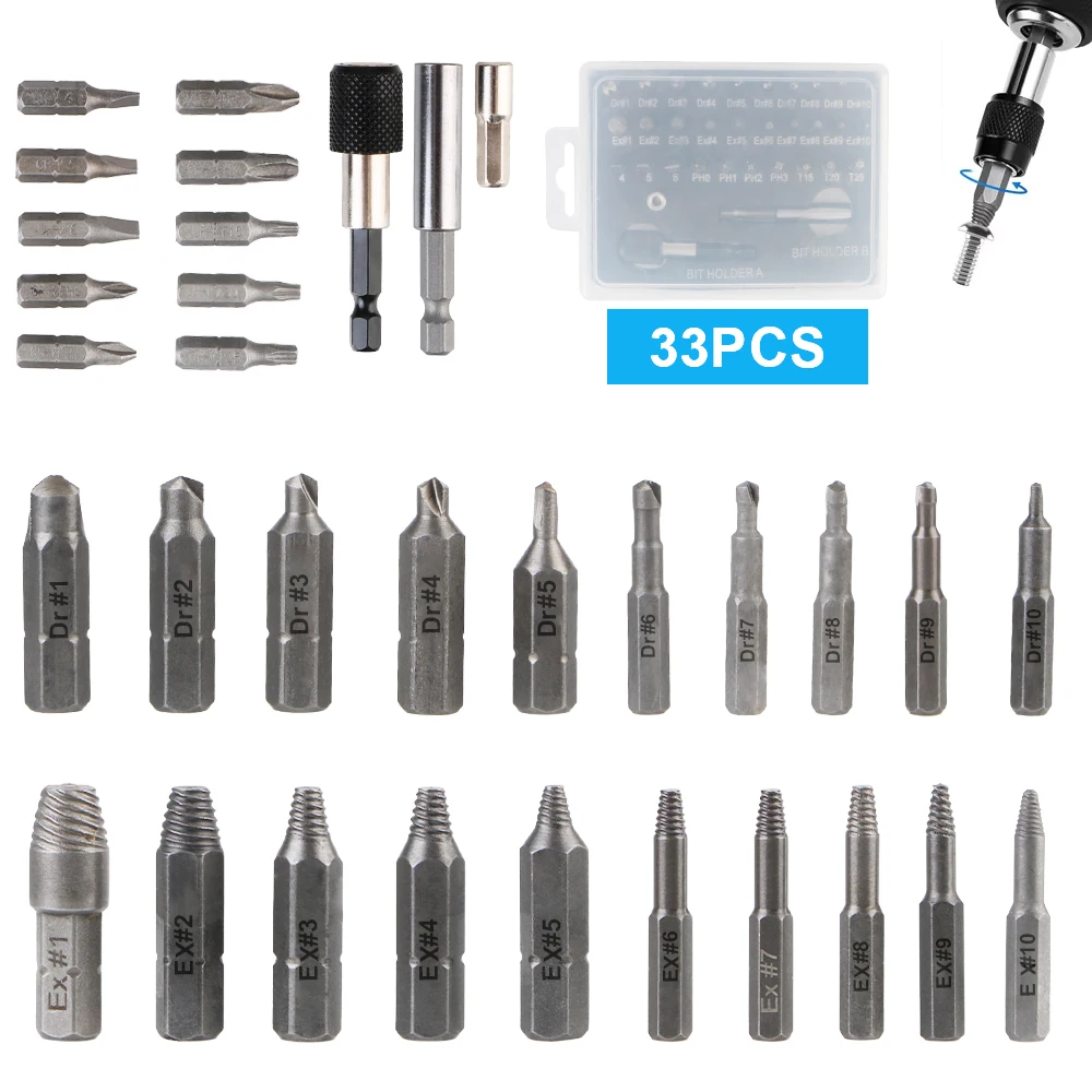 Holder Damaged Screw Removal Tools Broken Head Bolt Extractor Magnetic Extension Bit Screw Extractor Drill Bit Set 22/33Pcs