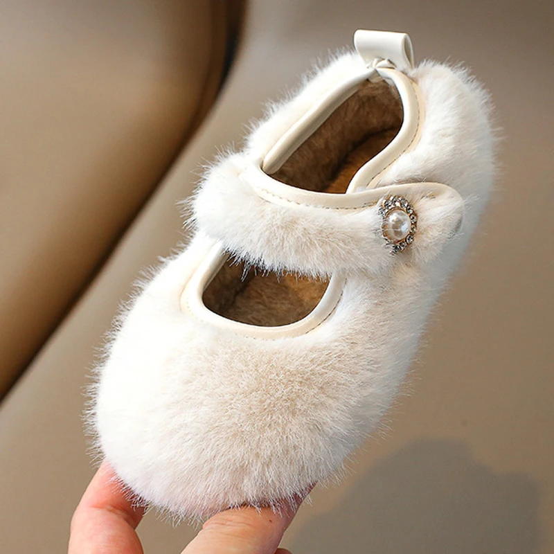 Girls Princess Shoes 2023 Winter Kids Flats Fashion Brand Mary Jane Warm Fur Shoes Toddler Party Dress Dance Ballet Soft Sole