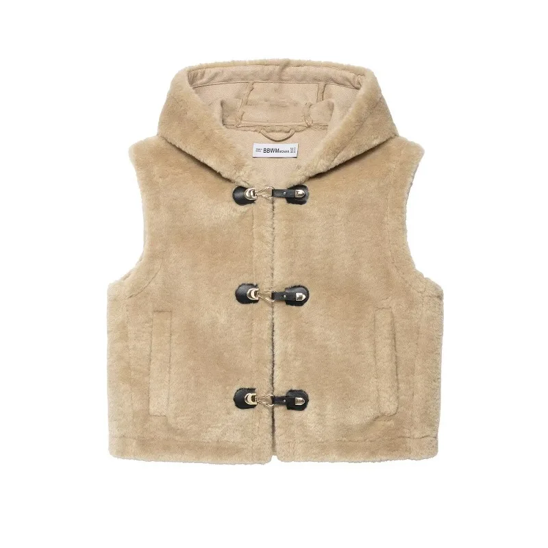 Hooded Faux Fur Vests Sleeveless Khaki Solid Single Breasted Furry Jackets Fluffy Stylish Warm Thick Plush Coats Faux Fox Luxury