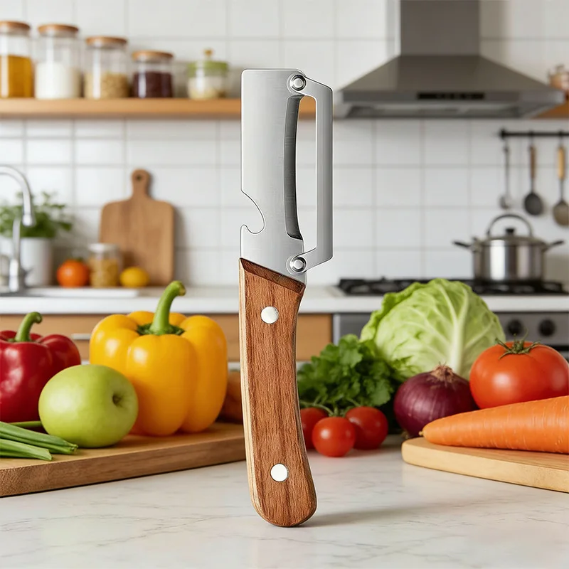 

Multifunction Stainless Steel Peeler with Wooden Handle for Peeling and Slicing Fruits and Vegetables With Bottle Opener