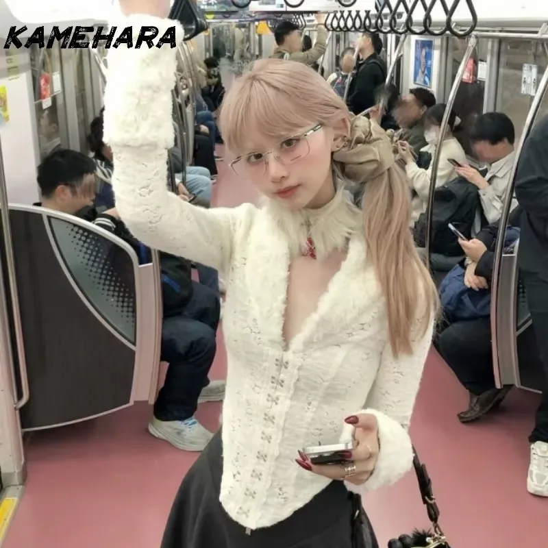

KAMEHARA Japanese Sweet Cute V-neck Style Slimming Lace Fur Patchwork Slim Fit Retro Hook Loop Sexy Girl's Base Corset Blouses