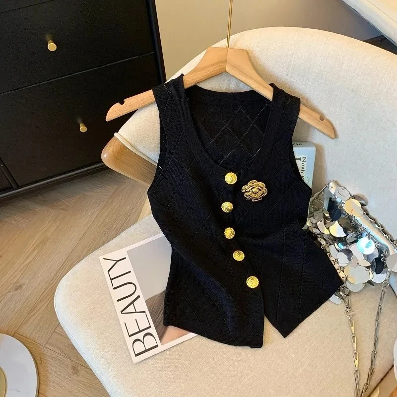 Women Clothes Stylish Vintage Elegant Luxury Chic Hollow Button Knitted Vest Summer V Neck Sleeveless Black White Slim Tops