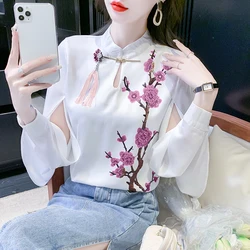 Chiffon Women's Shirts Summer 2023 New Floral Chinese Style Blouses Loose Long Sleeves Hollow Top O-Neck Clothing