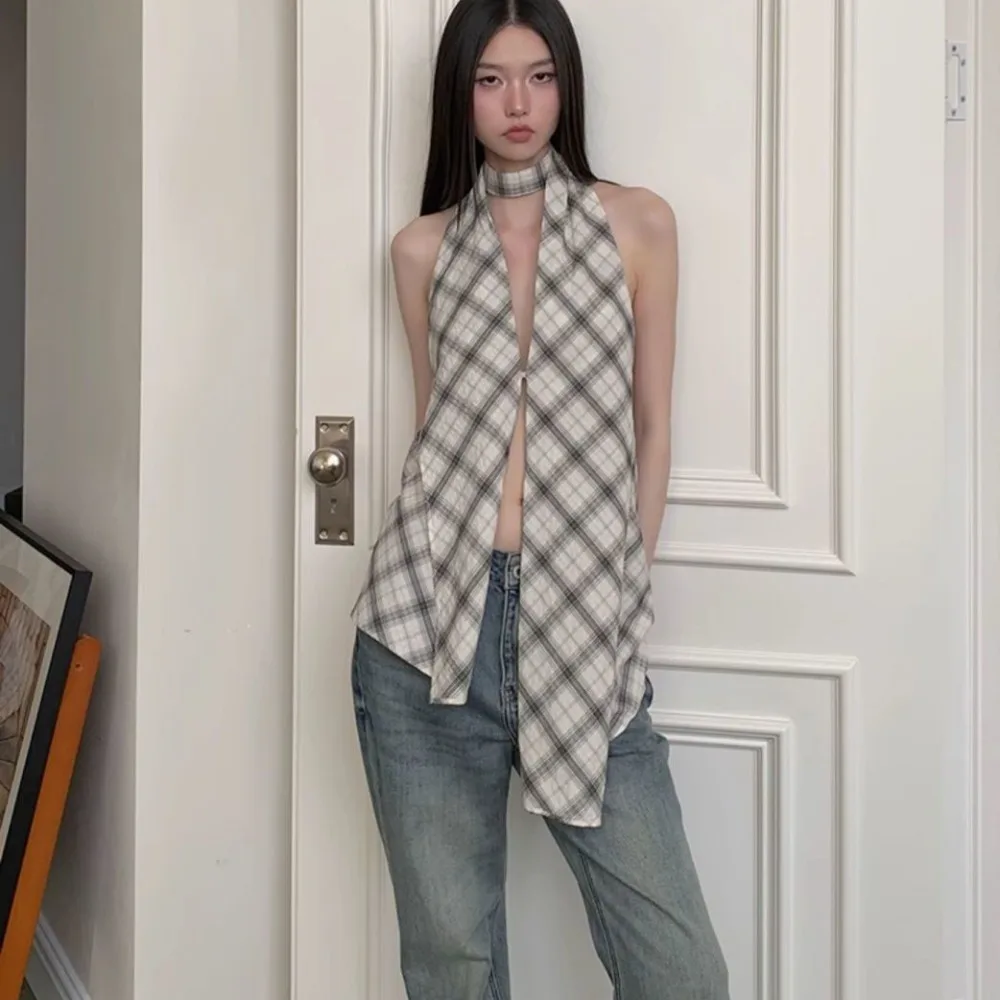

Fashion Grid Halter Sleeveless Camisole Irregular Sweet Slim Crop Tops Split Spicy Girl Suspender Vest Spring Summer