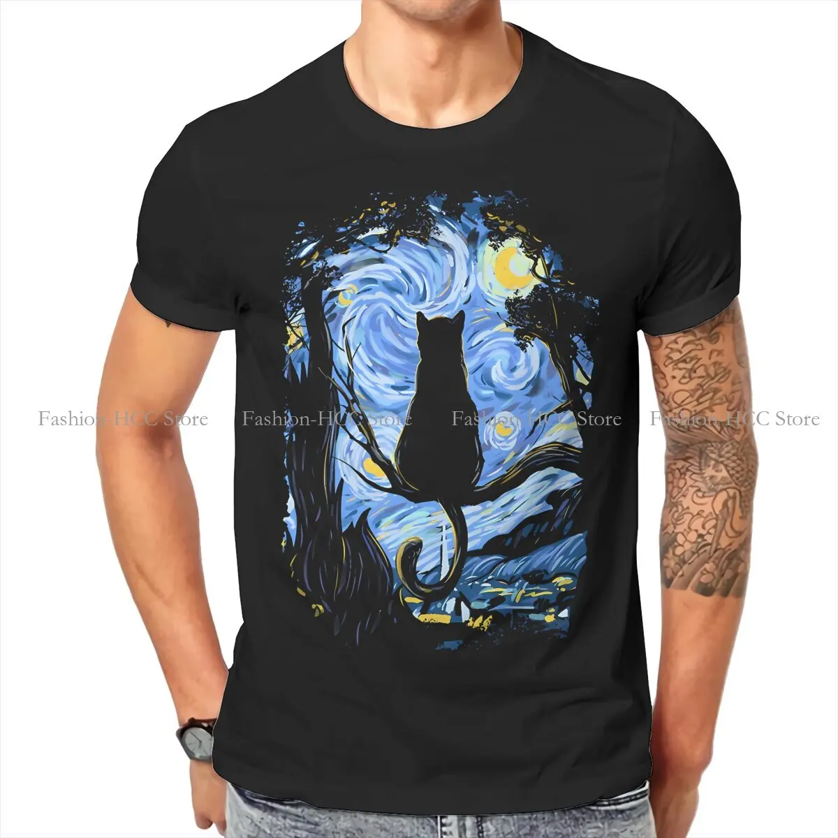 Van Gogh Starry Night Fashion TShirts Black Cat Male Style Fabric Streetwear T Shirt