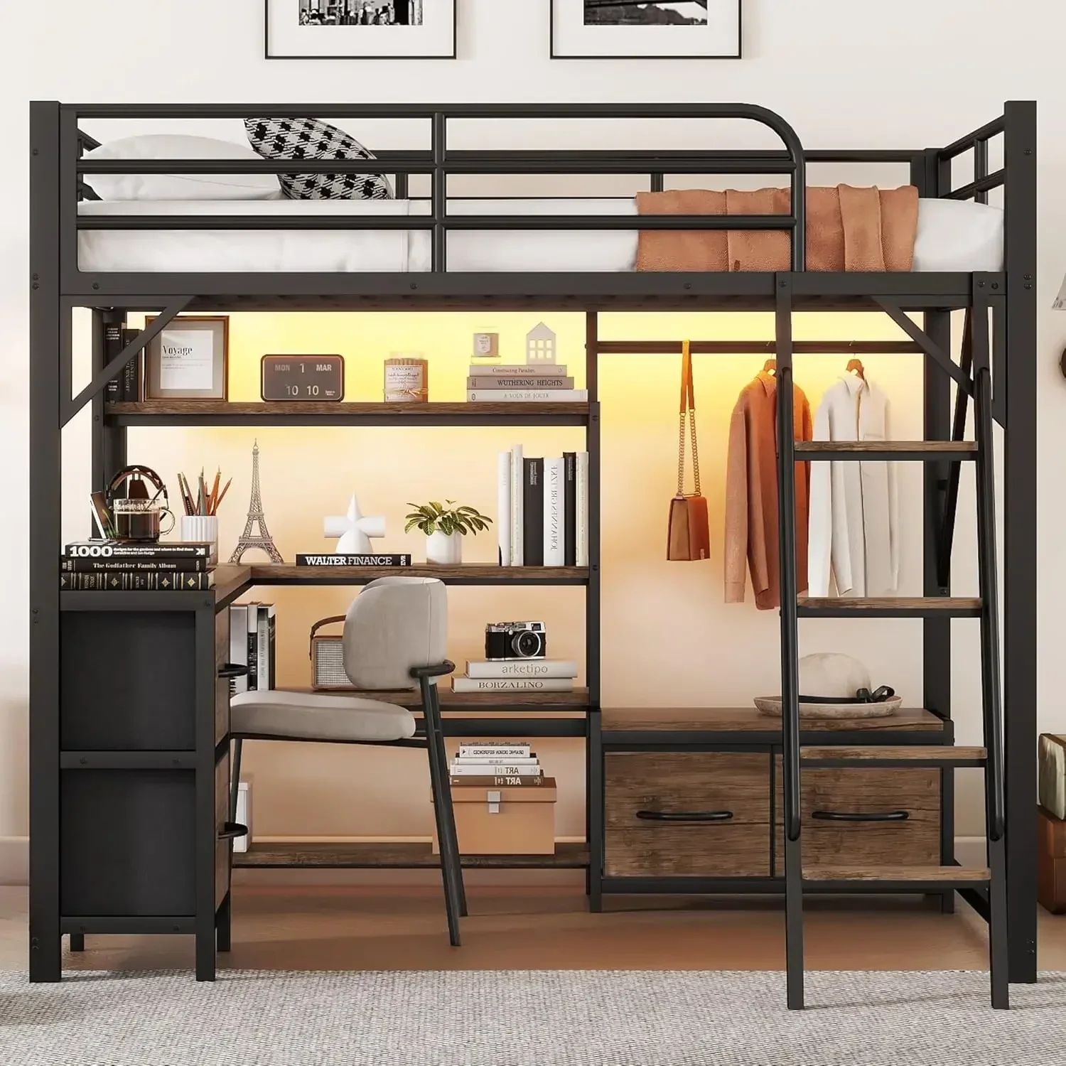 Loft Bed Full Size with Desk and Charging Station, Metal Loft Beds Frame with LED Lights, Bookcase & 4 Fabric Storage Drawers &