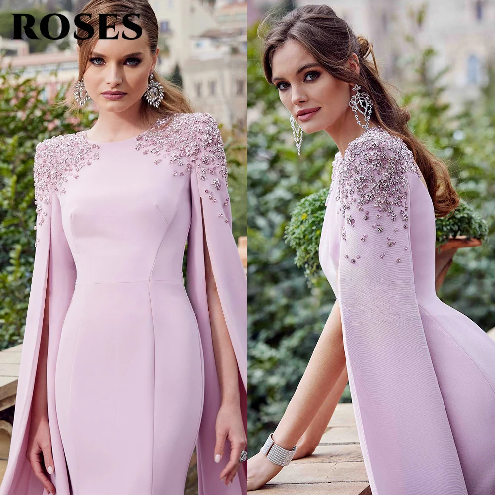 

ROSES Light Purple Prom Gown Round-Neck Mermaid Evening Dresses with Cape - style Sleeves and Embellished Shoulders Customized