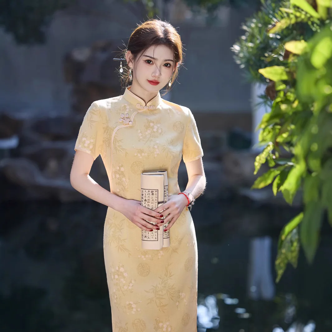 Yourqipao 2025 printemps et été nouveau Style bambou lin Jacquard en relief mi-long chinois Cheongsam pour les filles