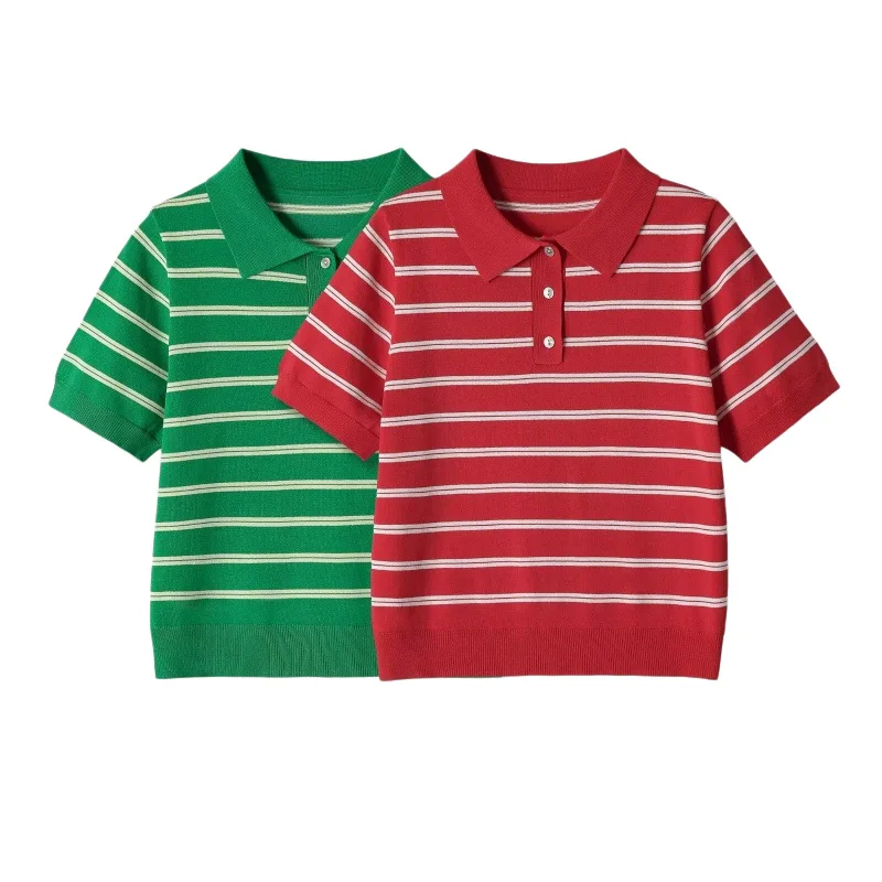 

Withered Commuting Polo Collar Striped Short Sleeved Casual Knit Shirt T-shirt Woman Clothes Female Clothing