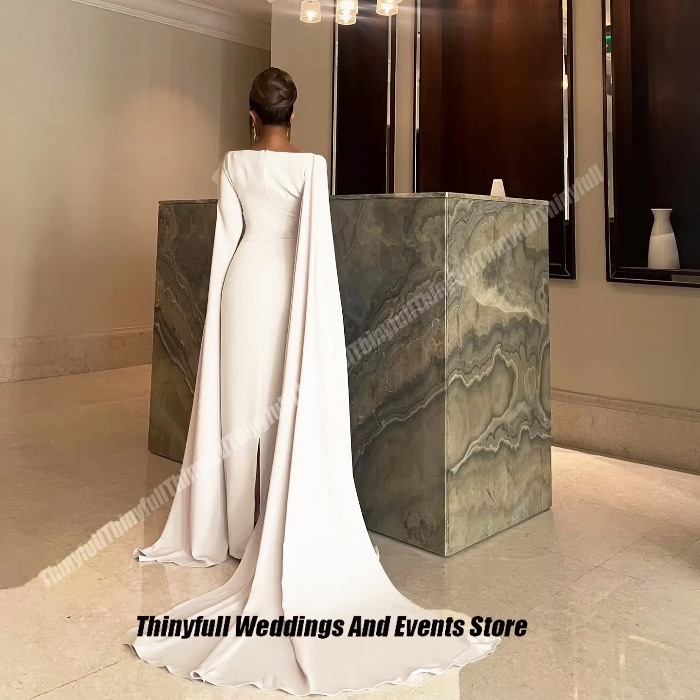 Thinyfull Mermaid Saudi Prom Dress Satin O-neck Full Sleeves Evening Party Gown Floor-length Customized Special Occasion Dress
