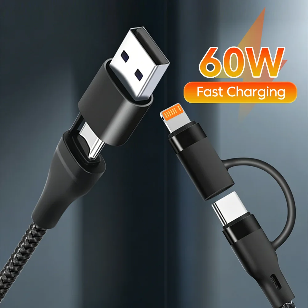 4 in 1 Short PD60W Power Bank Charging Cable Data Line Portable Multi-Function Quick Charge Wireless Adapter for iPhone 12 13
